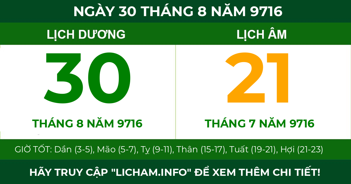 lịch âm ngày 30 tháng 8 năm 9716