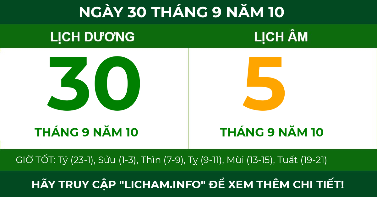 lịch âm ngày 30 tháng 9 năm 10