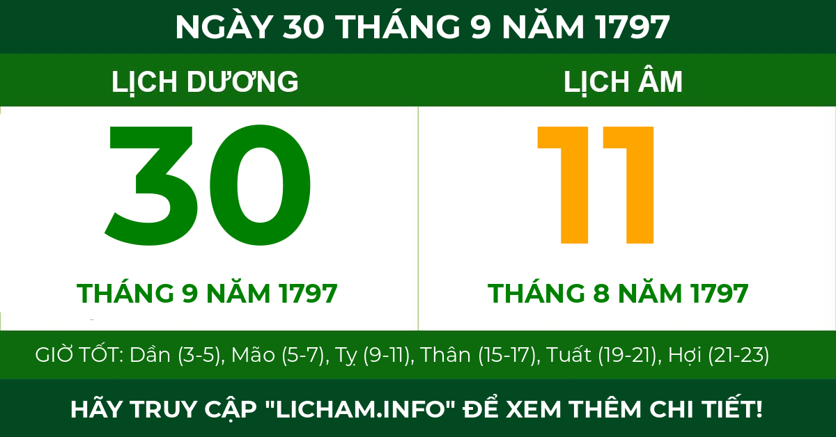 lịch âm ngày 30 tháng 9 năm 1797