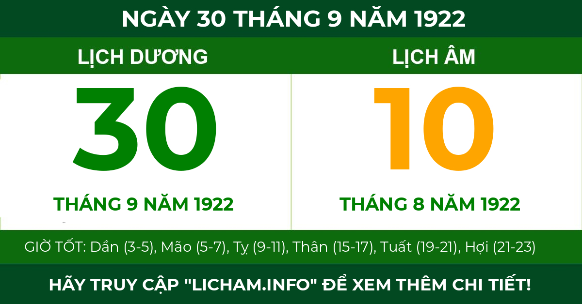 lịch âm ngày 30 tháng 9 năm 1922