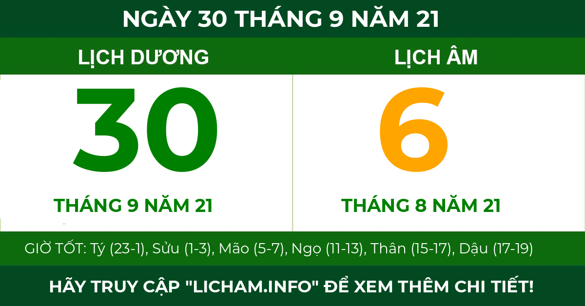 lịch âm ngày 30 tháng 9 năm 21