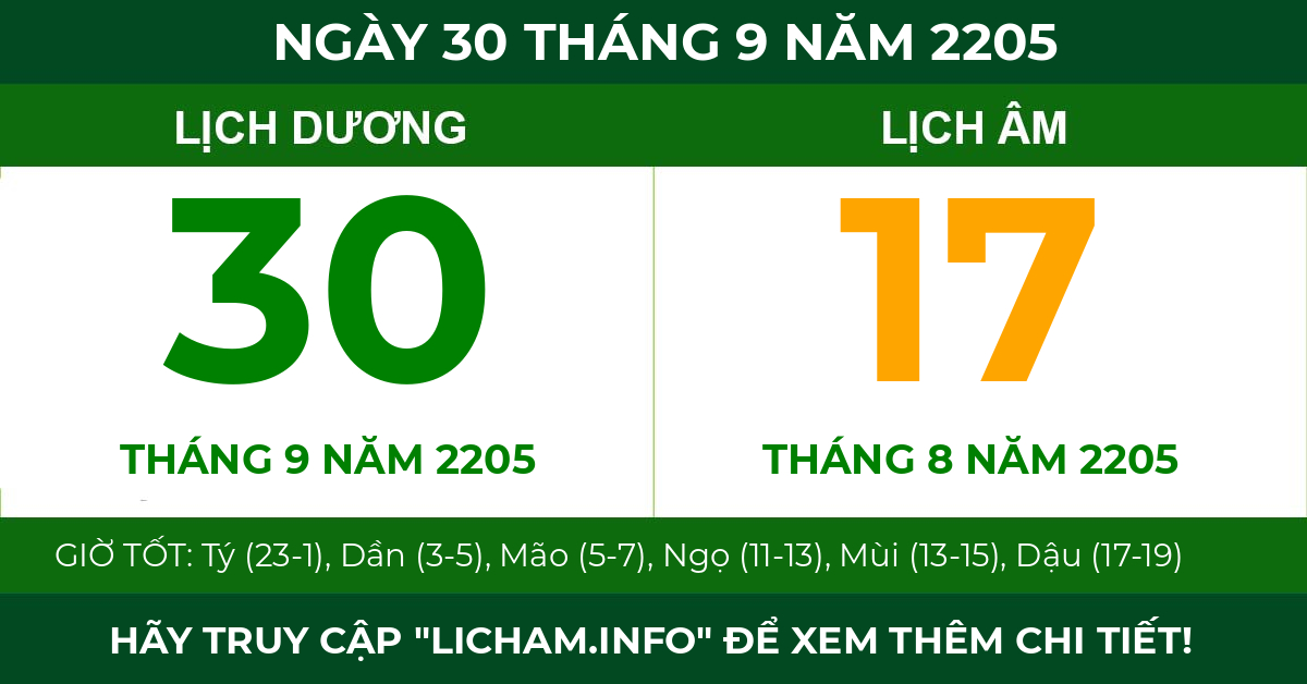 lịch âm ngày 30 tháng 9 năm 2205