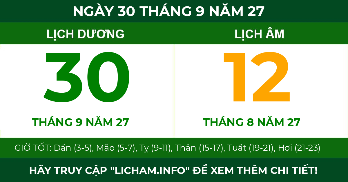 lịch âm ngày 30 tháng 9 năm 27