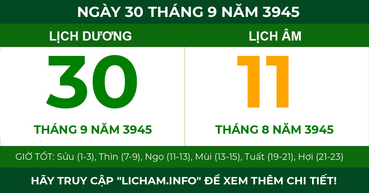 lịch âm ngày 30 tháng 9 năm 3945