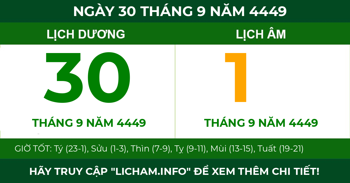 lịch âm ngày 30 tháng 9 năm 4449