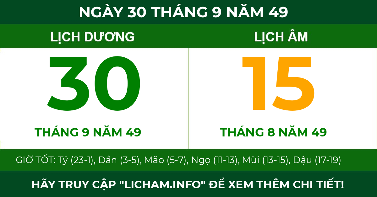 lịch âm ngày 30 tháng 9 năm 49