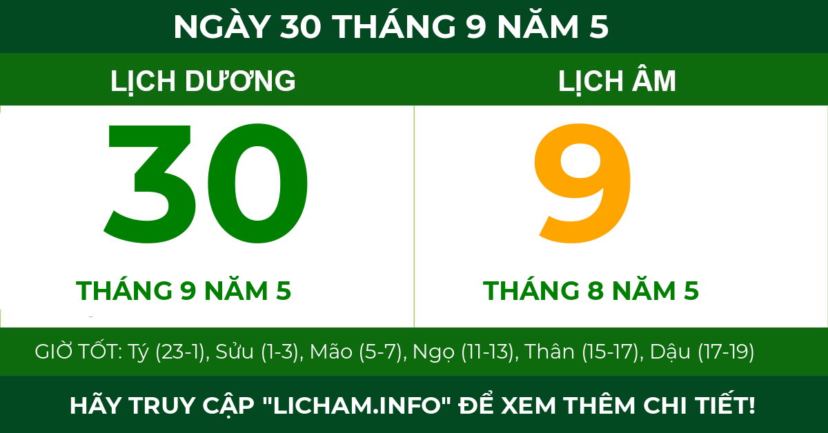 lịch âm ngày 30 tháng 9 năm 5