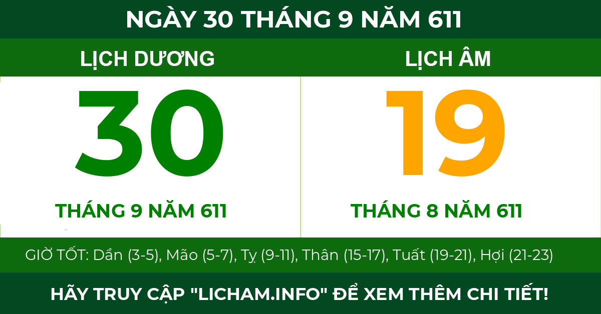 lịch âm ngày 30 tháng 9 năm 611
