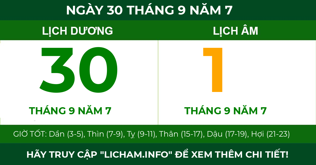 lịch âm ngày 30 tháng 9 năm 7
