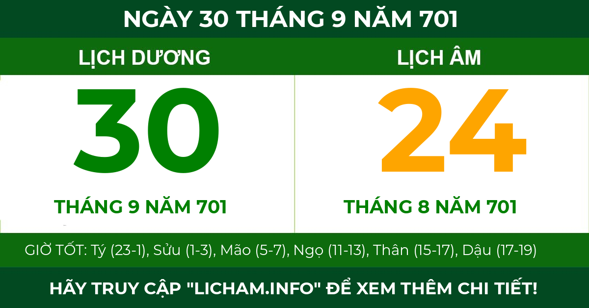 lịch âm ngày 30 tháng 9 năm 701