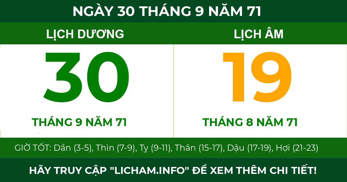 lịch âm ngày 30 tháng 9 năm 71