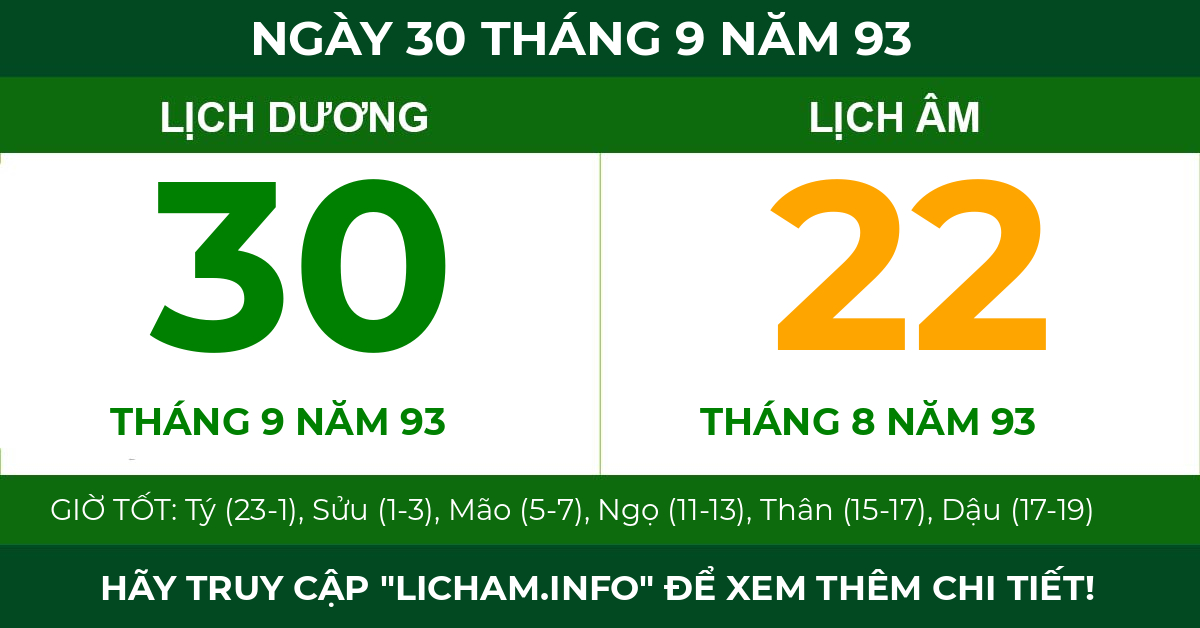 lịch âm ngày 30 tháng 9 năm 93