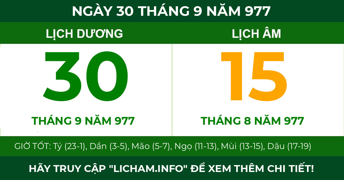lịch âm ngày 30 tháng 9 năm 977