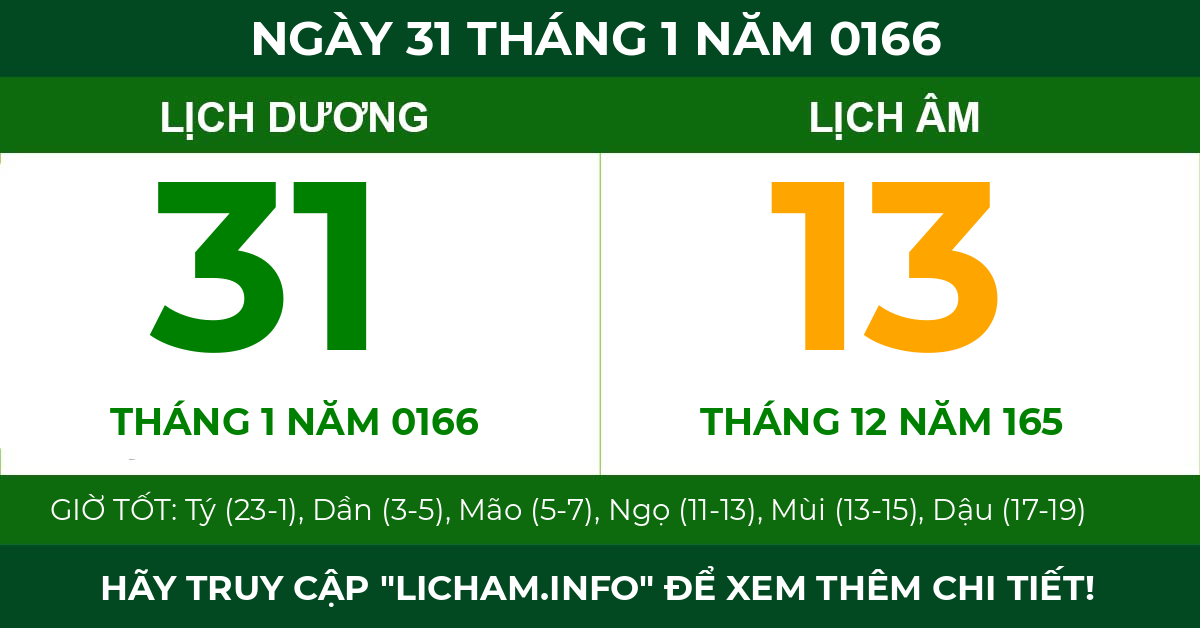 lịch âm ngày 31 tháng 1 năm 0166