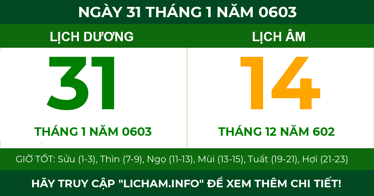 lịch âm ngày 31 tháng 1 năm 0603