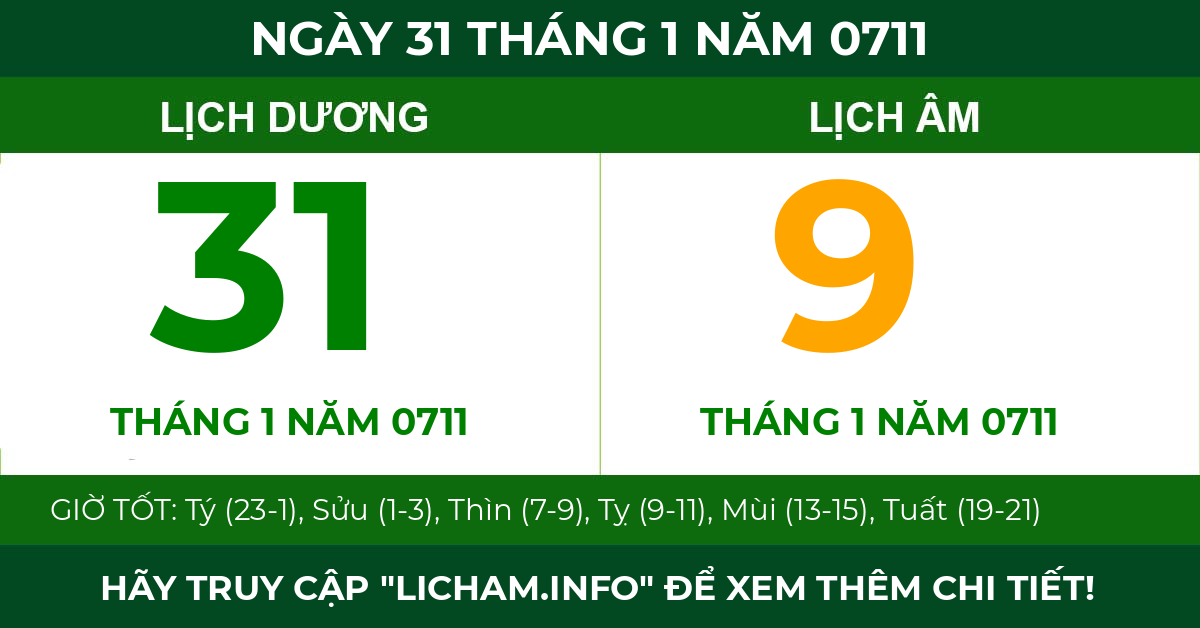 lịch âm ngày 31 tháng 1 năm 0711