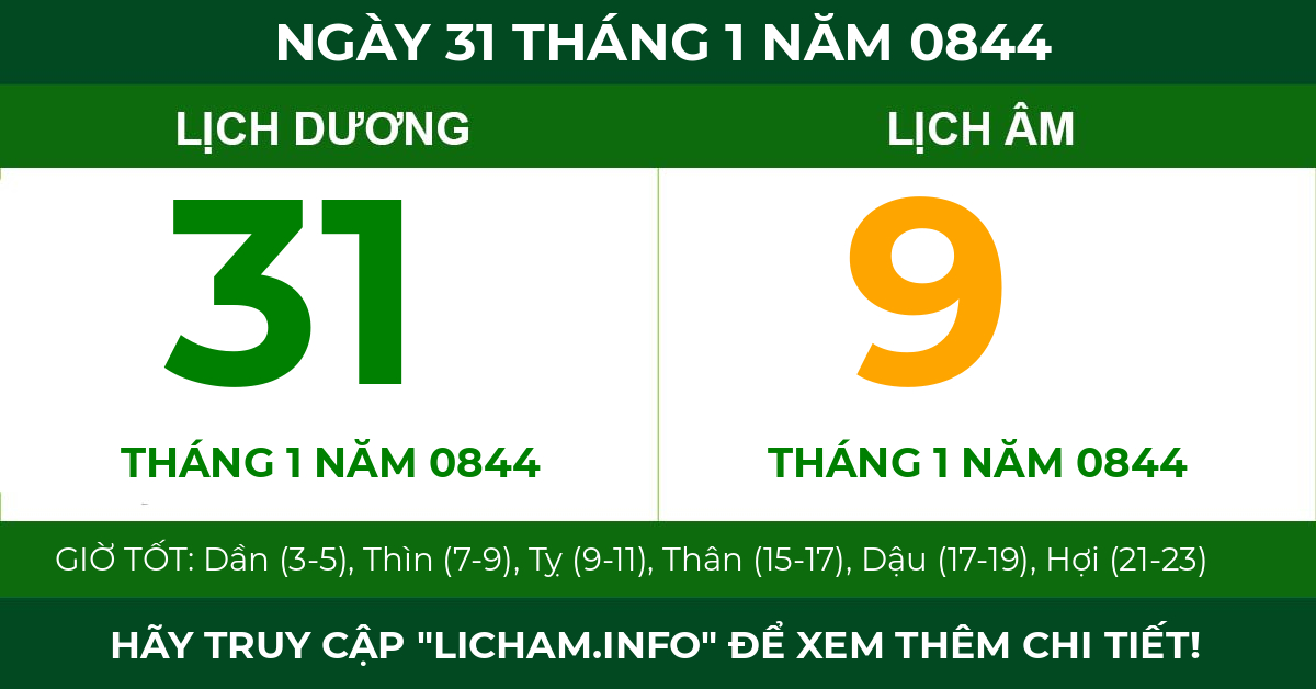 lịch âm ngày 31 tháng 1 năm 0844