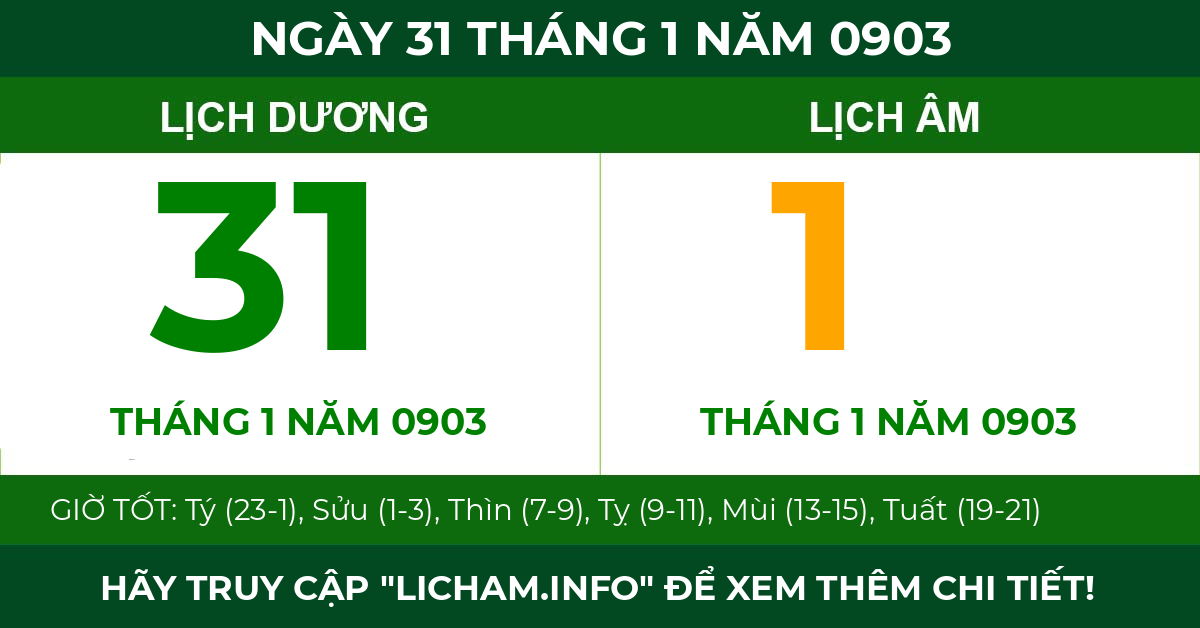 lịch âm ngày 31 tháng 1 năm 0903
