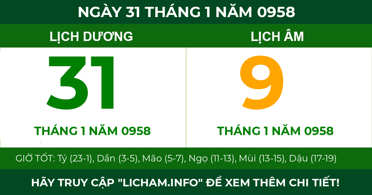 lịch âm ngày 31 tháng 1 năm 0958