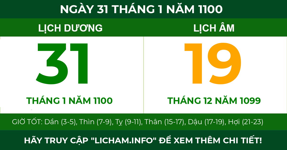 lịch âm ngày 31 tháng 1 năm 1100
