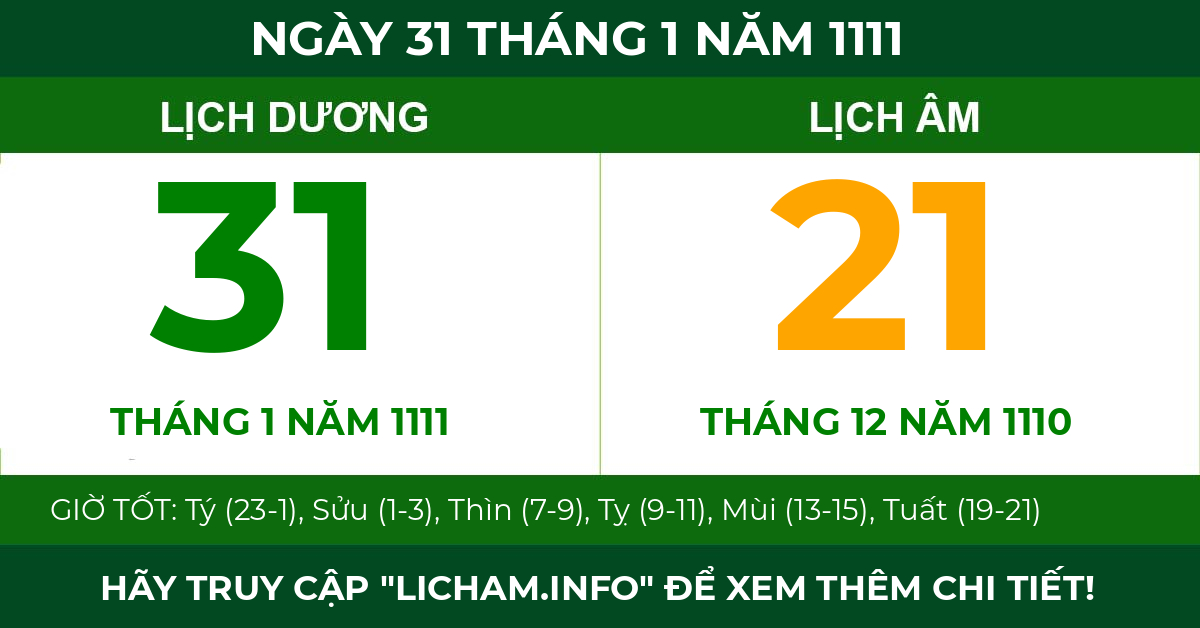 lịch âm ngày 31 tháng 1 năm 1111