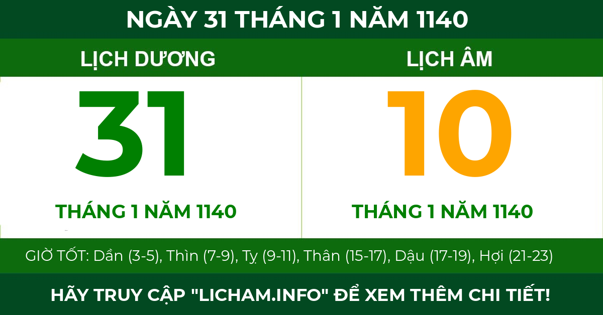 lịch âm ngày 31 tháng 1 năm 1140