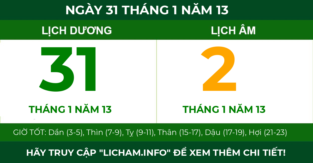 lịch âm ngày 31 tháng 1 năm 13