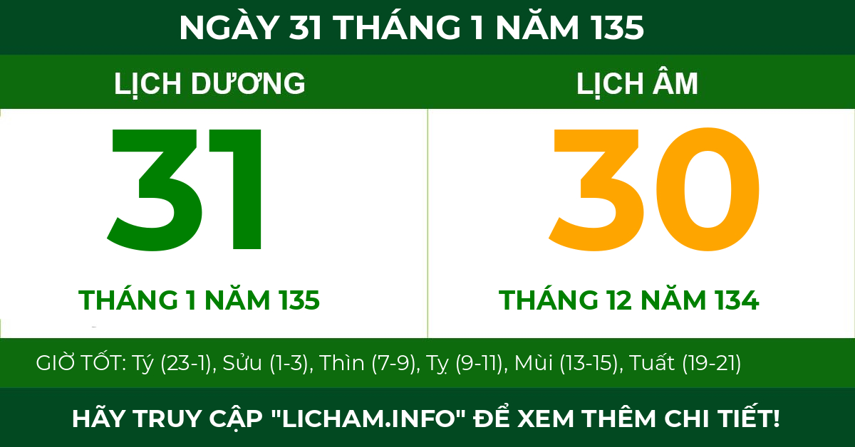lịch âm ngày 31 tháng 1 năm 135