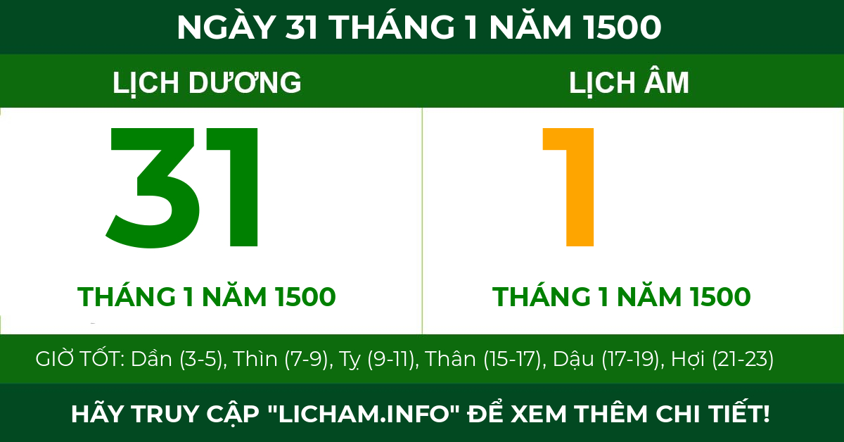 lịch âm ngày 31 tháng 1 năm 1500