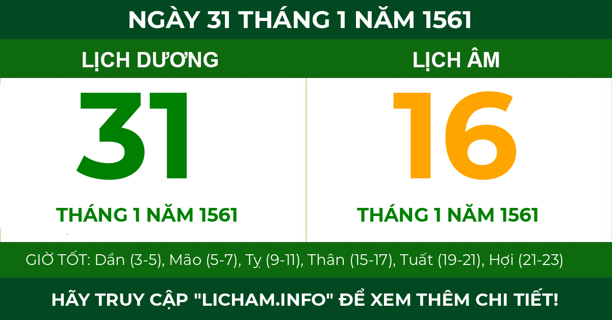 lịch âm ngày 31 tháng 1 năm 1561