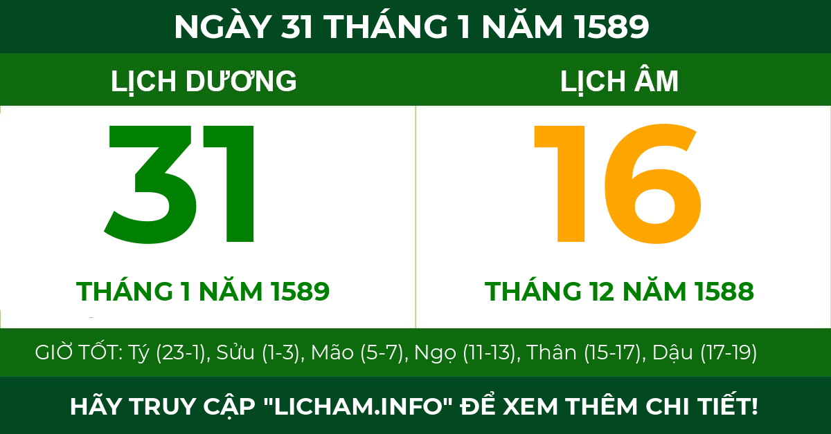 lịch âm ngày 31 tháng 1 năm 1589