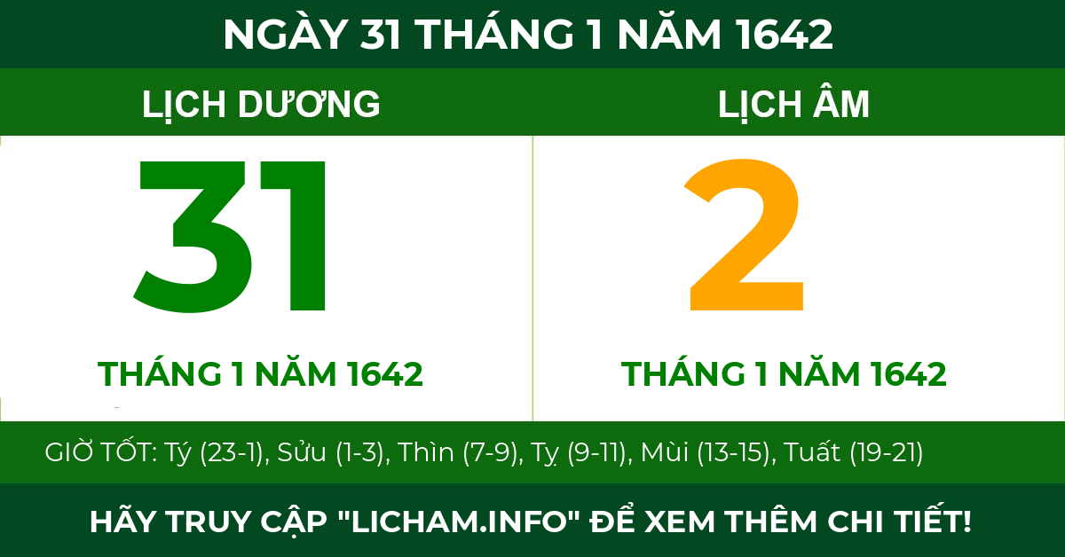 lịch âm ngày 31 tháng 1 năm 1642