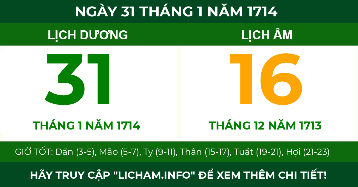 lịch âm ngày 31 tháng 1 năm 1714