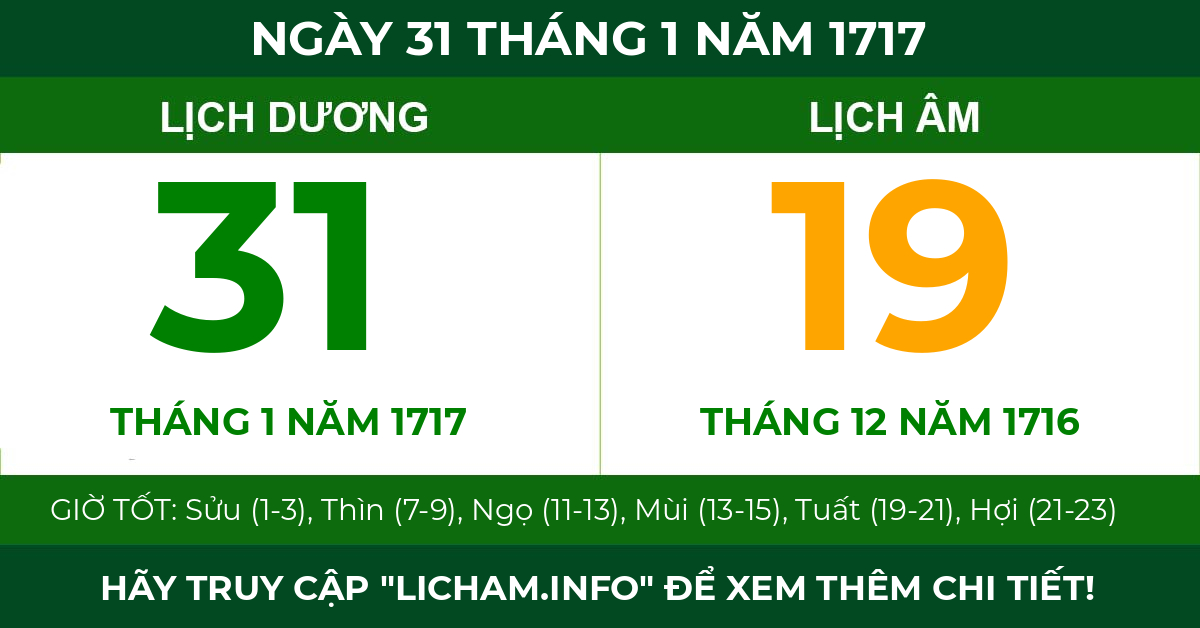 lịch âm ngày 31 tháng 1 năm 1717