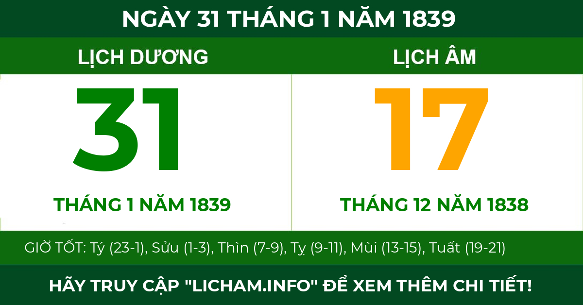 lịch âm ngày 31 tháng 1 năm 1839