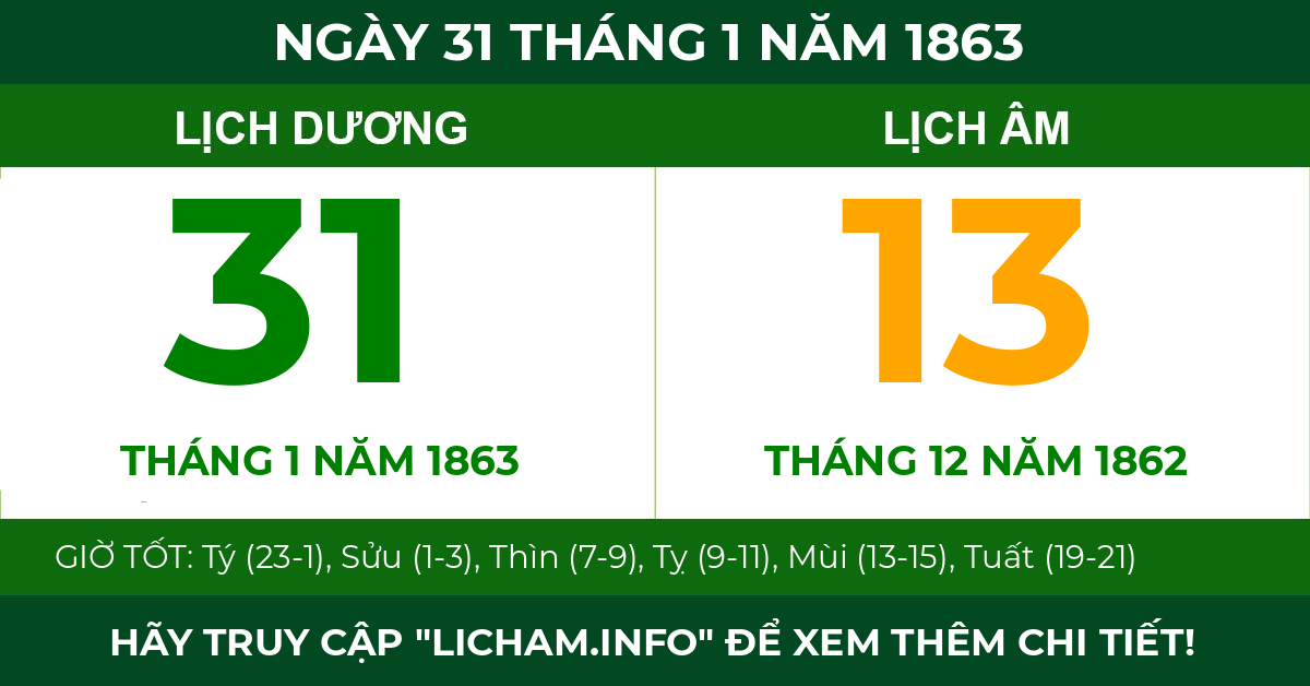 lịch âm ngày 31 tháng 1 năm 1863