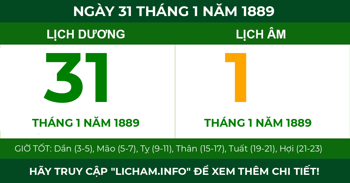 lịch âm ngày 31 tháng 1 năm 1889