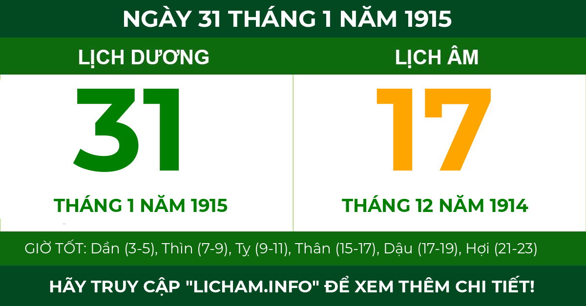 lịch âm ngày 31 tháng 1 năm 1915