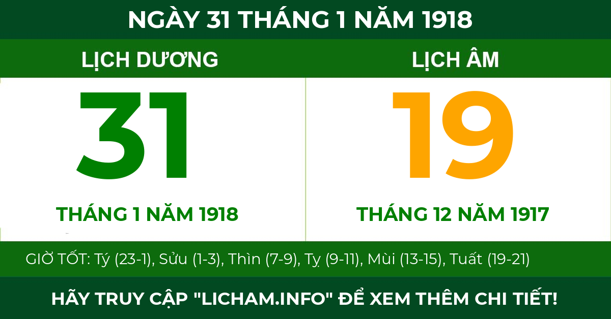 lịch âm ngày 31 tháng 1 năm 1918
