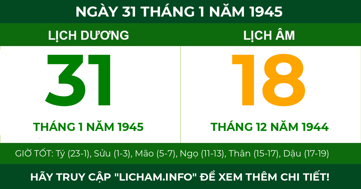 lịch âm ngày 31 tháng 1 năm 1945