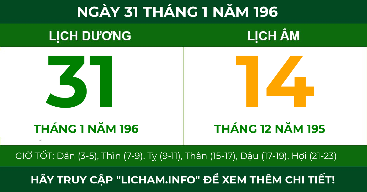 lịch âm ngày 31 tháng 1 năm 196