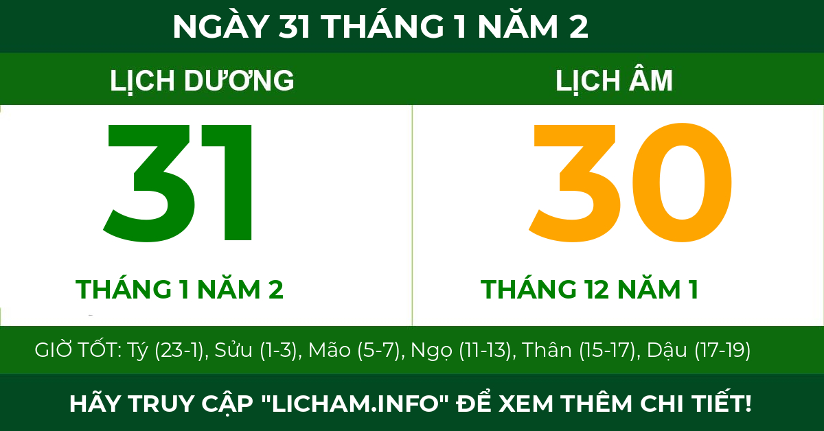 lịch âm ngày 31 tháng 1 năm 2