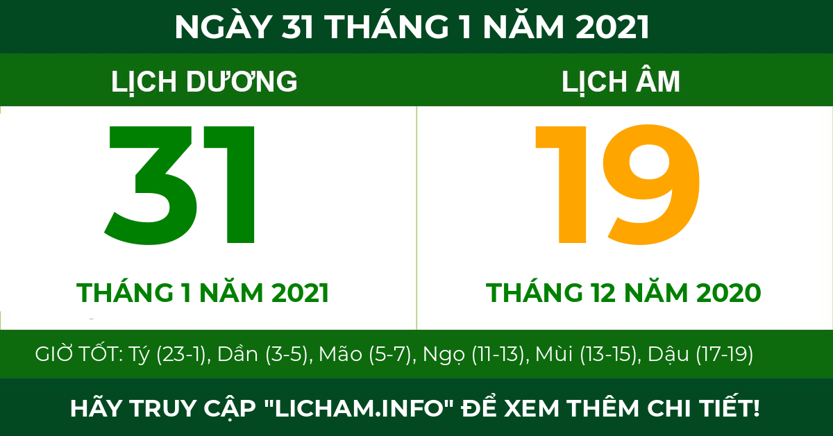 lịch âm ngày 31 tháng 1 năm 2021