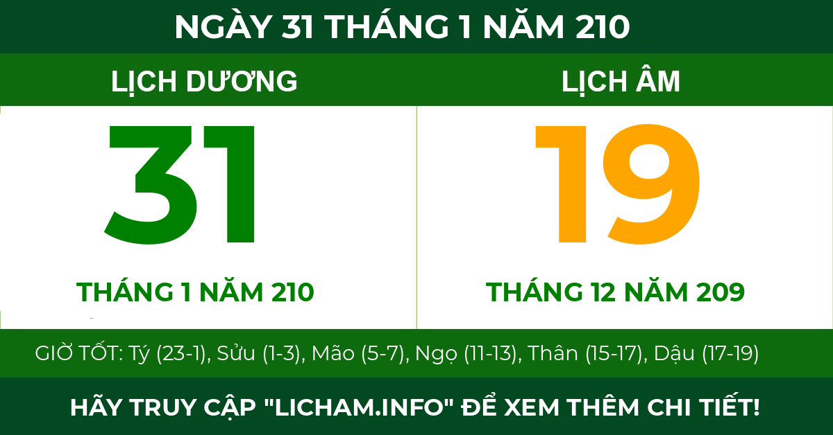 lịch âm ngày 31 tháng 1 năm 210