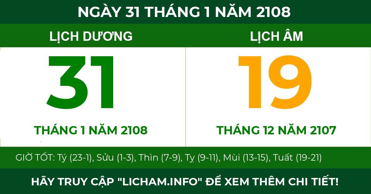 lịch âm ngày 31 tháng 1 năm 2108