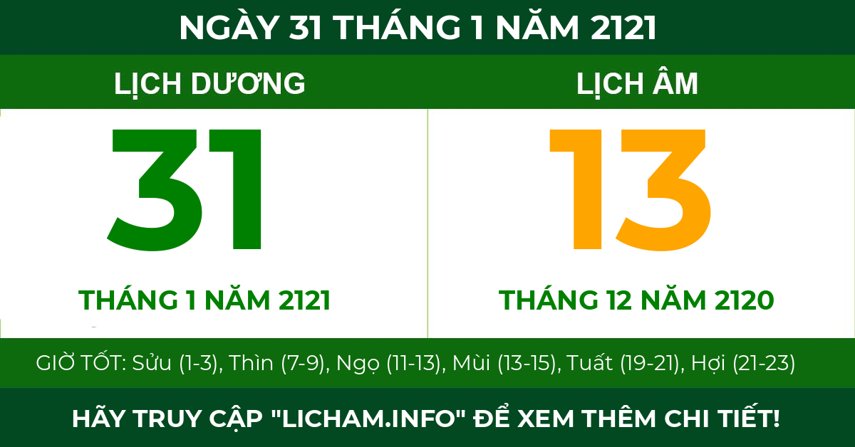 lịch âm ngày 31 tháng 1 năm 2121