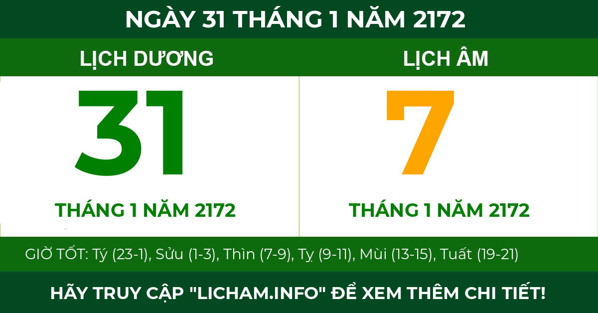 lịch âm ngày 31 tháng 1 năm 2172