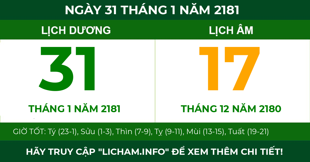 lịch âm ngày 31 tháng 1 năm 2181