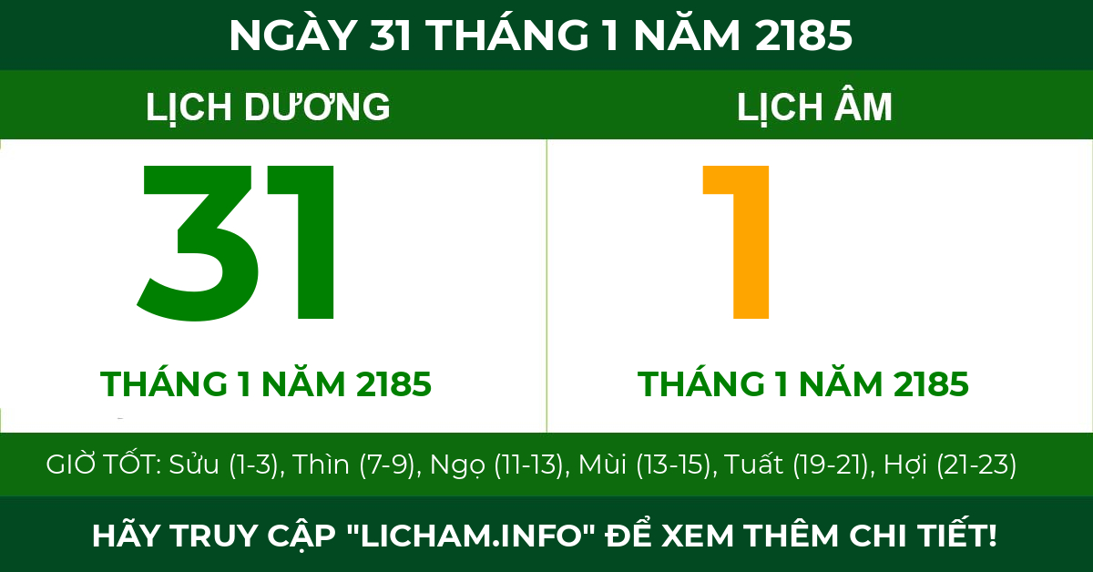 lịch âm ngày 31 tháng 1 năm 2185