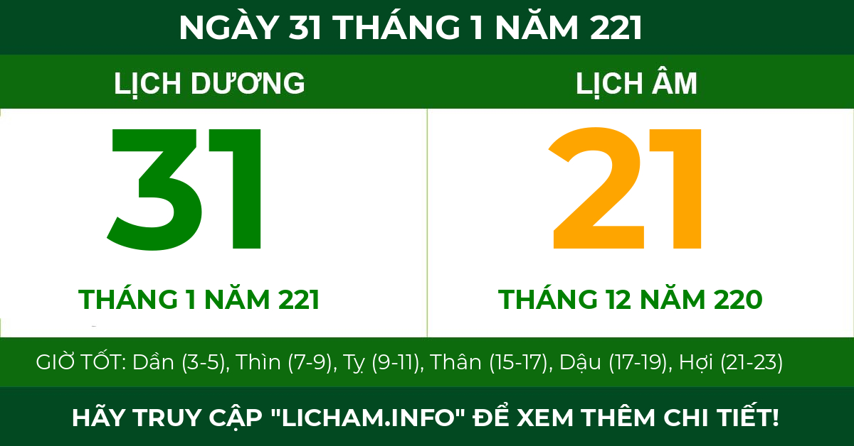 lịch âm ngày 31 tháng 1 năm 221
